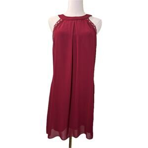 iZ Byer Halter Mini Dress, Crocheted Straps and Tie, Burgundy - Size Medium
